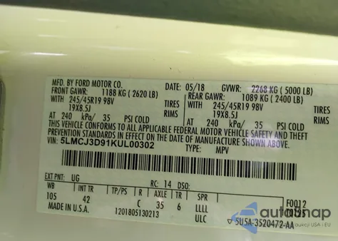 2019 Lincoln Mkc Reserve из США, поврежденный, VIN 5LMCJ3D91KUL00302